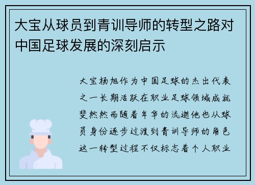 大宝从球员到青训导师的转型之路对中国足球发展的深刻启示