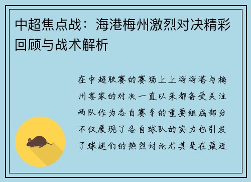 中超焦点战：海港梅州激烈对决精彩回顾与战术解析