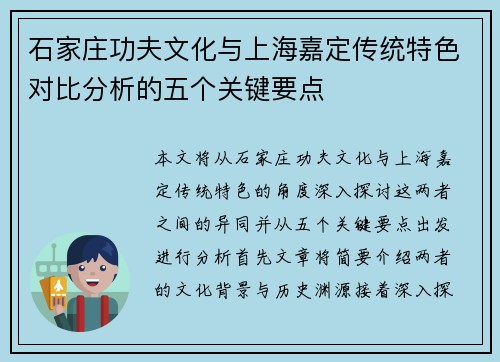石家庄功夫文化与上海嘉定传统特色对比分析的五个关键要点