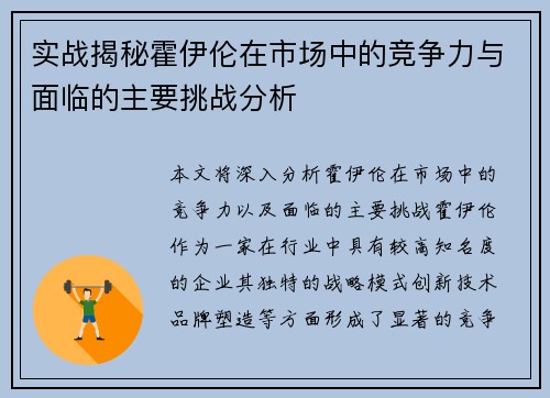 实战揭秘霍伊伦在市场中的竞争力与面临的主要挑战分析